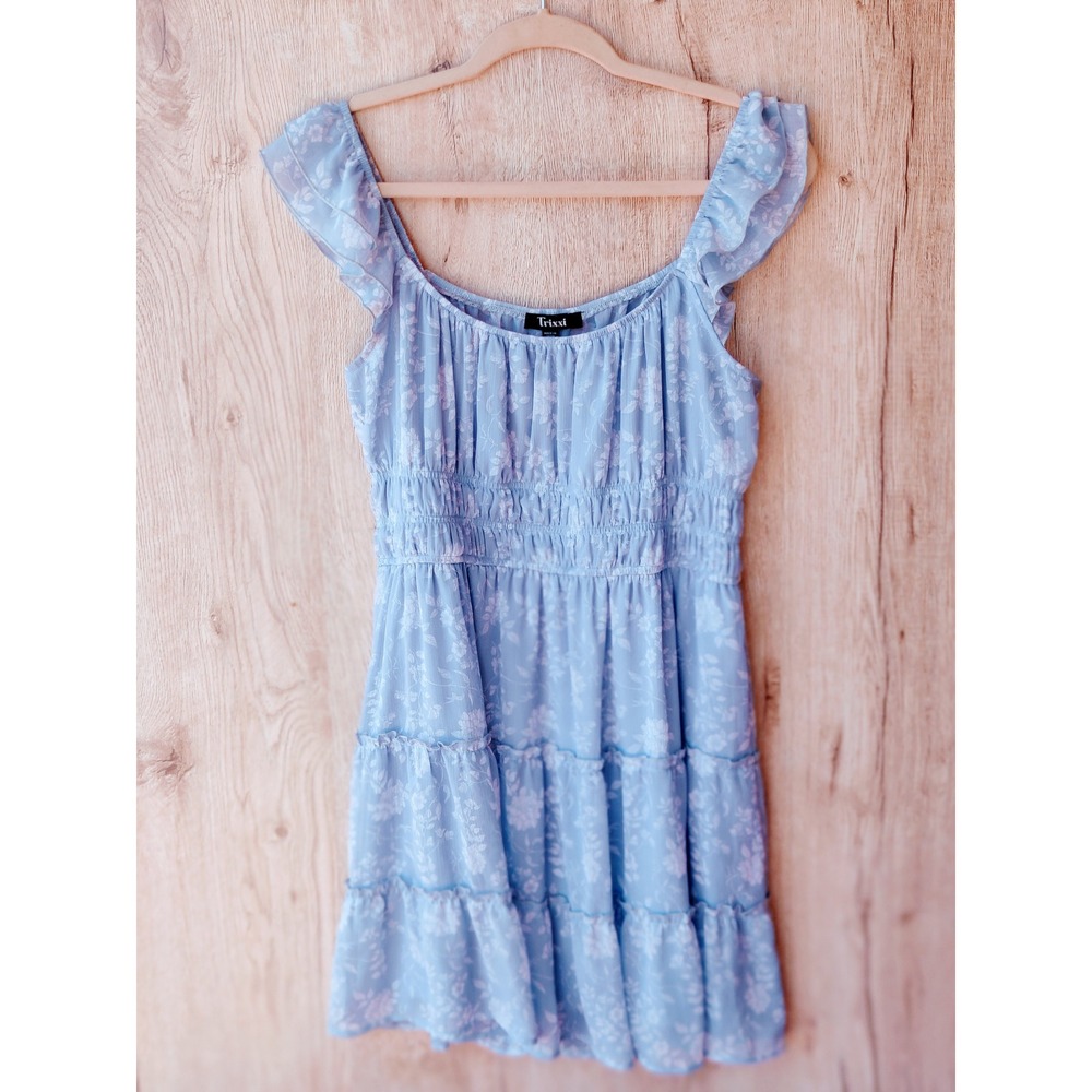 Trixxi Periwinkle Blue Floral Chiffon Ruffle Tiered Cottagecore Mini Dress XL - Picture 2 of 4